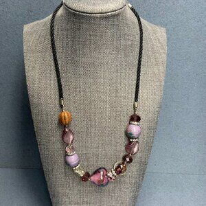Beaded Statement Necklace 18 In Glass Purple Heart Brown Black Cord Rhinestone